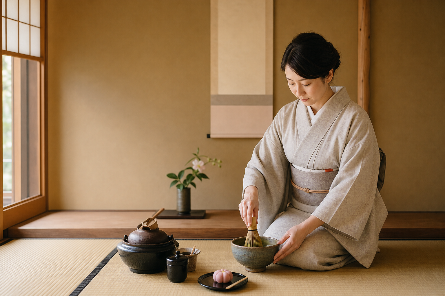 静かな茶室で着物姿の亭主が抹茶を点てる日本の茶道