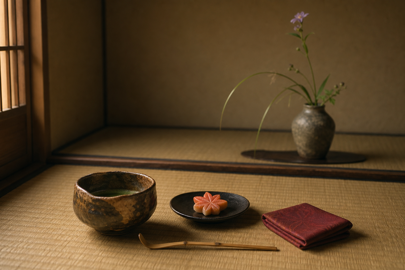 茶室に置かれた茶碗と紅葉をかたどった和菓子、茶杓、帛紗