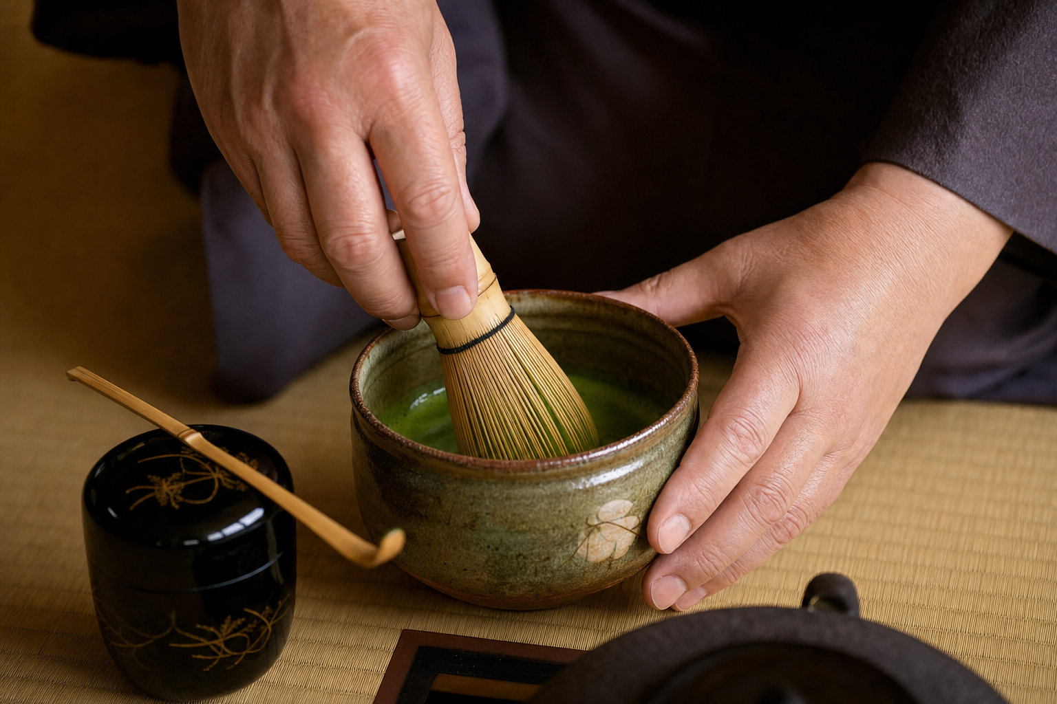 茶筅で茶碗の抹茶を点てる茶道の所作
